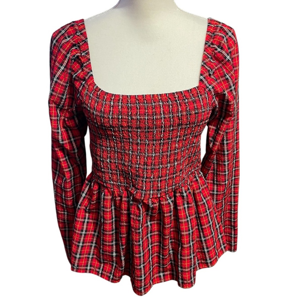 Old Navy Women Smocked Milkmaid Coquette Babydoll Shirt Plaid Red Size Large